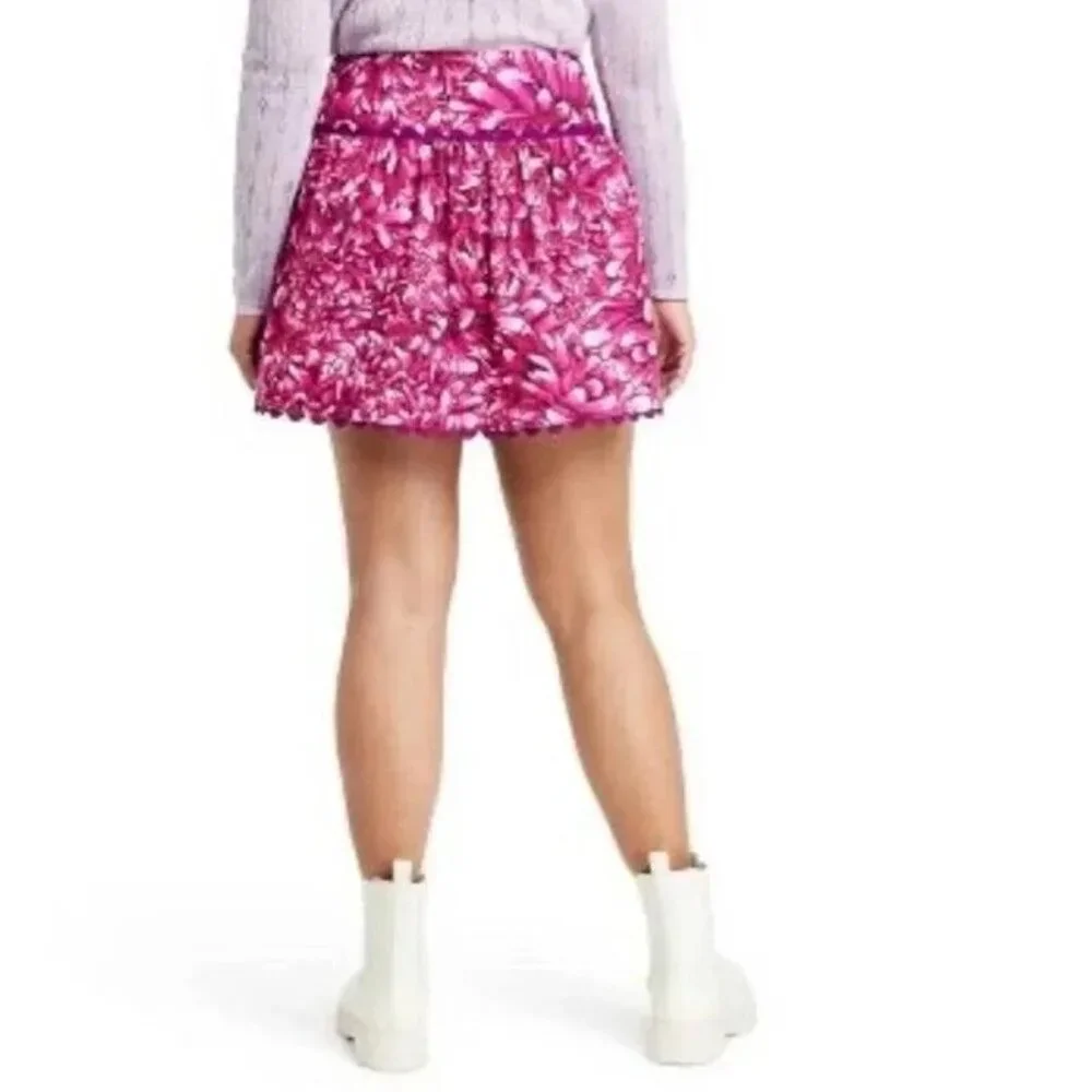 Kika Vargas Pink Mum Floral Print Scallop Edge Faux Wrap Mini Skirt - Picture 4 of 8